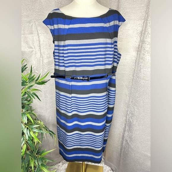 Calvin Klein Women’s Cap Sleeve Striped Belted Sheath Dress Multi Sz 18W - Picture 3 of 13